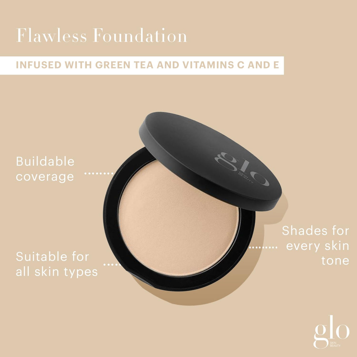 Glo Skin Beauty compact open with mirror and pan highlighting easy application