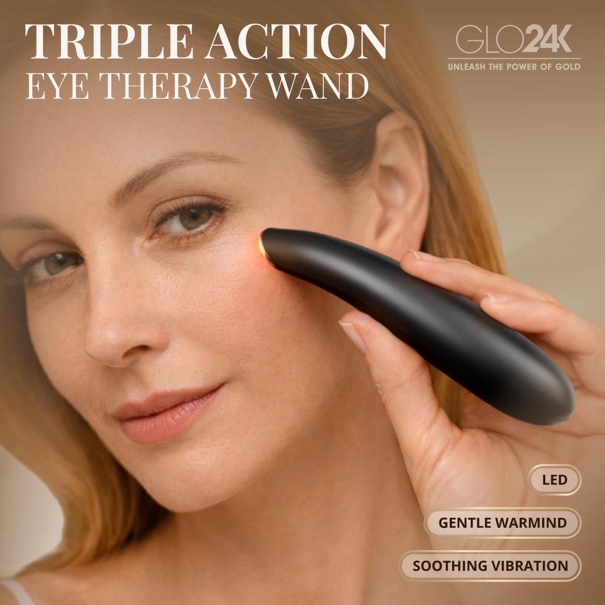 GLO24K close-up of warming head showing smooth metal tip for comfortable contact