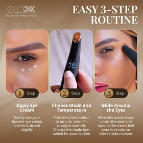GLO24K massager in use under-eye delivering gentle warmth and calming relief