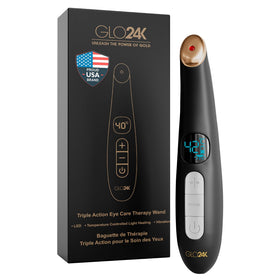GLO24K front view of heated eye wand showing sleek design and portability benefit