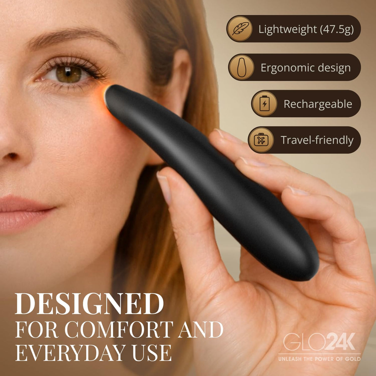 GLO24K with eye cream demonstrating enhanced absorption and even product spread