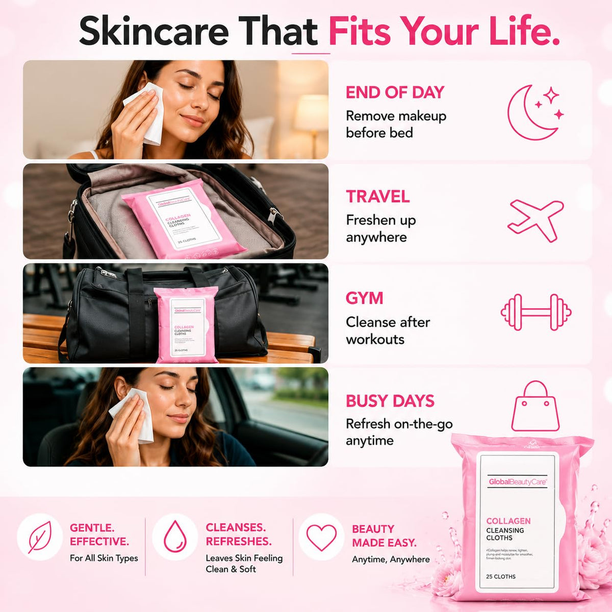 Global Beauty Care wipe removing eye makeup showing gentle, hydrating effect
