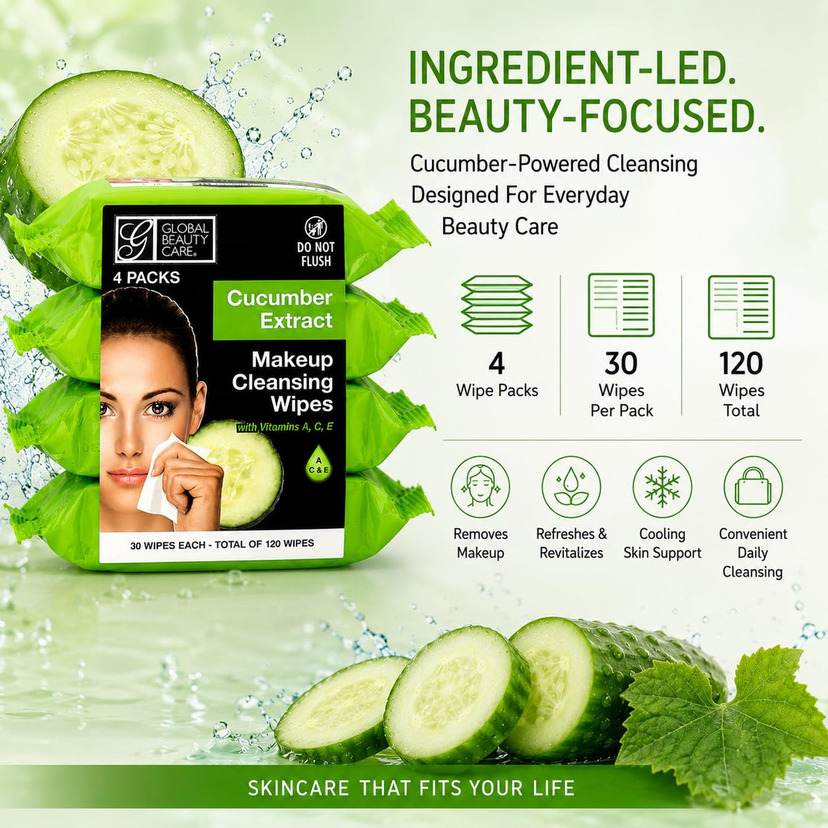 Global Beauty Care four packs stacked to display the 120 count value and storage option