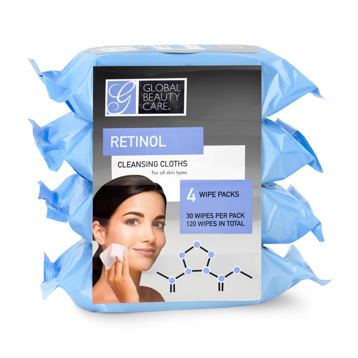 Global Beauty Care front packaging showing resealable pouches and 120 wipes benefit quick removal