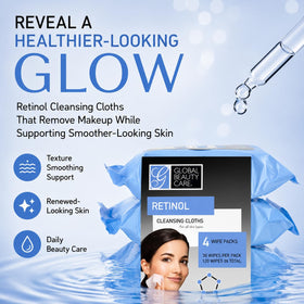 Global Beauty Care open wipe closeup showing moist cloth texture and easy removal benefit