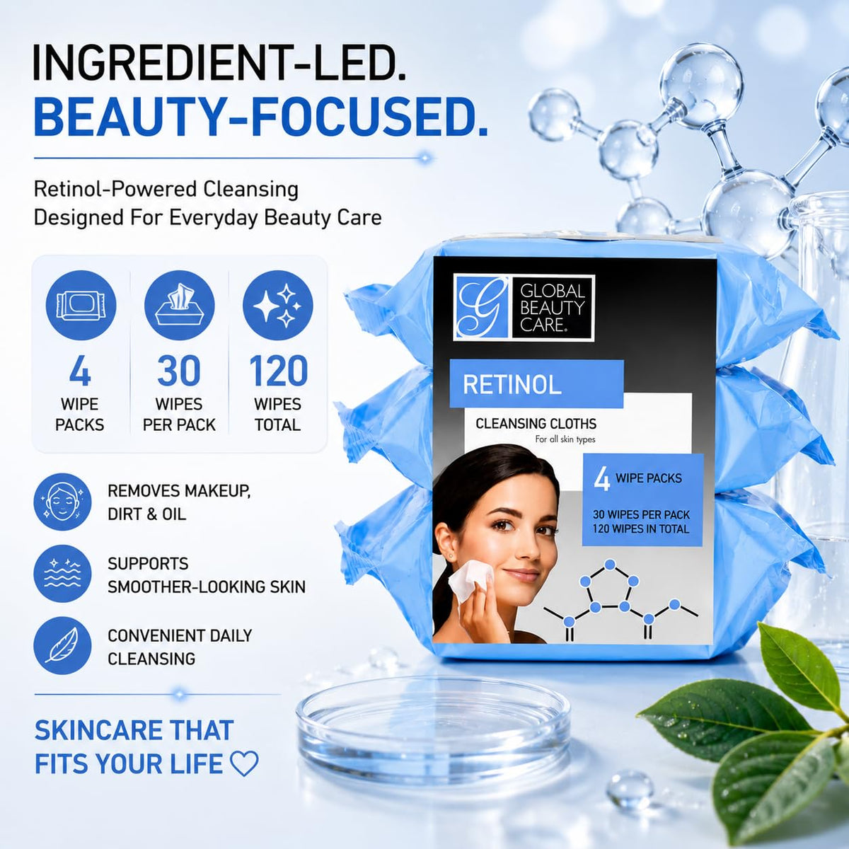 Global Beauty Care four pouches stacked demonstrating quantity and long-term supply benefit