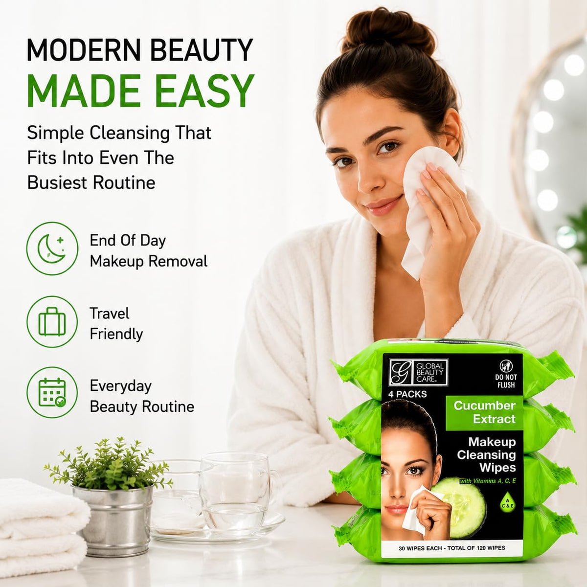 Global Beauty Care cucumber slice and vitamin capsules illustrating botanical cooling and vitamin support