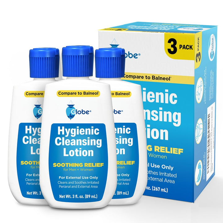 Globe front packaging showing three 3 oz bottles for convenient hygiene