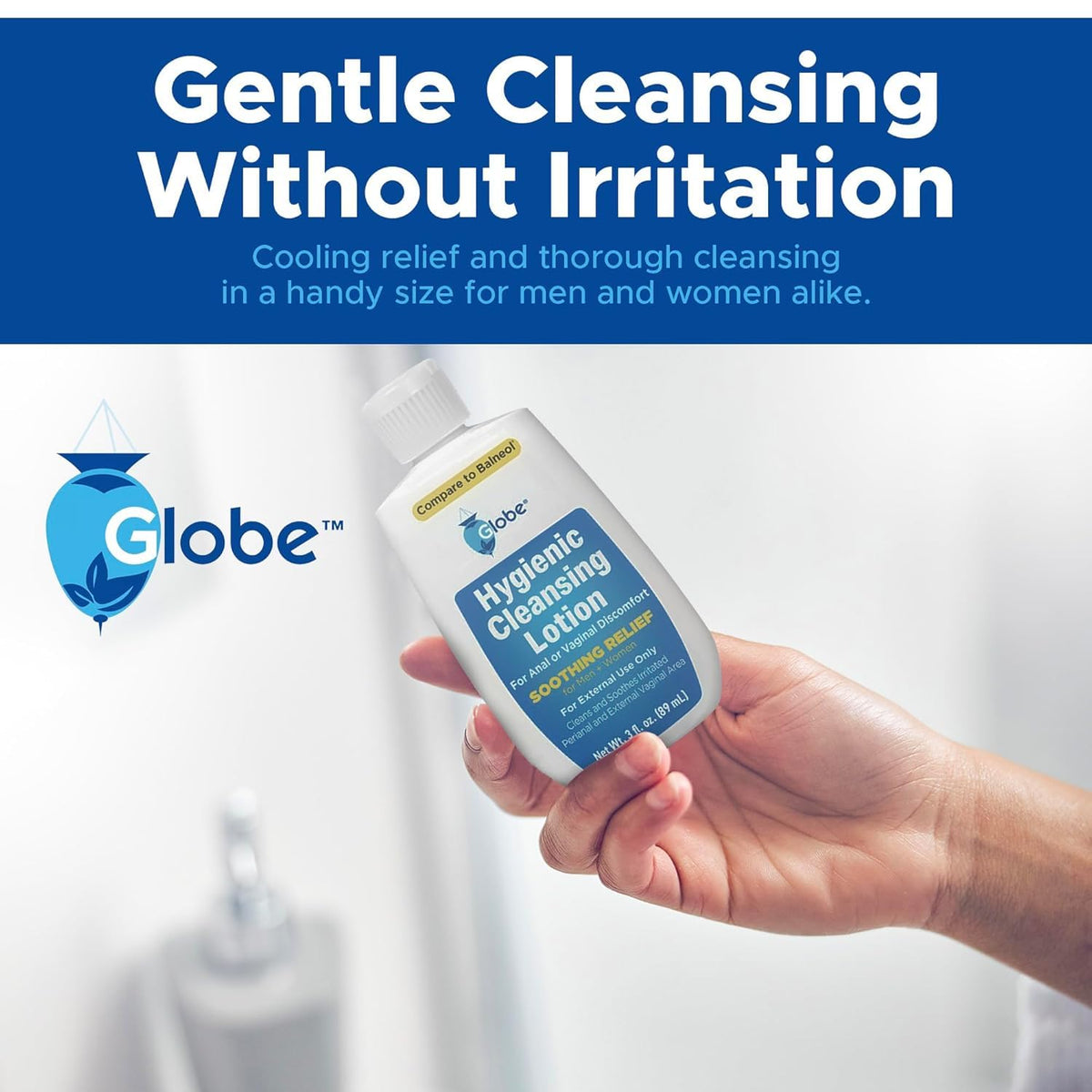 Globe applied to hand demonstrating gentle external cleansing benefit