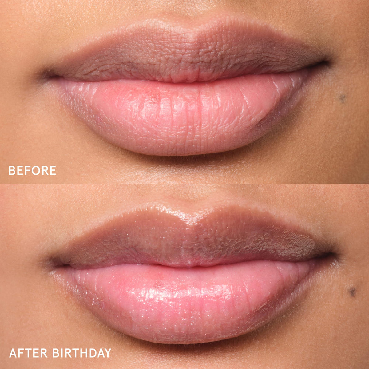 Glossier Balm Dotcom applied on lips showing hydrated, non-greasy finish