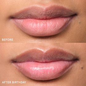 Glossier Balm Dotcom applied on lips showing hydrated, non-greasy finish
