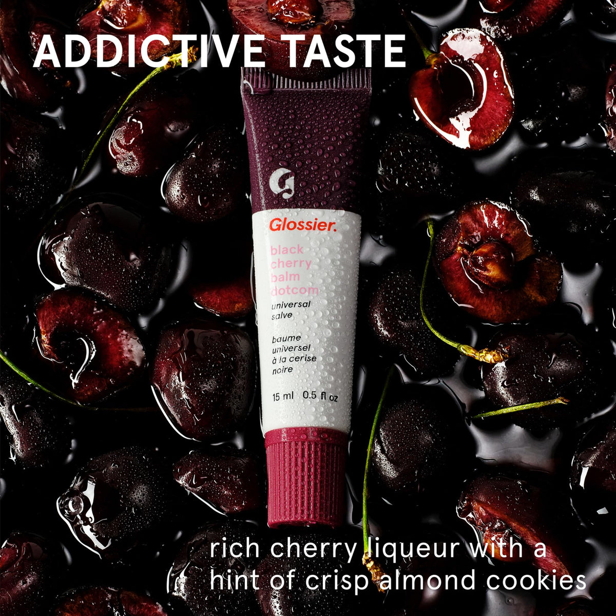 Glossier Balm Dotcom burgundy swipe on lips, buildable color enhances natural tone