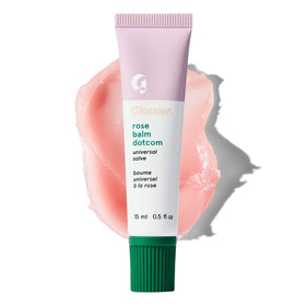 Glossier tube front view showing Rose balm and compact travel size benefit