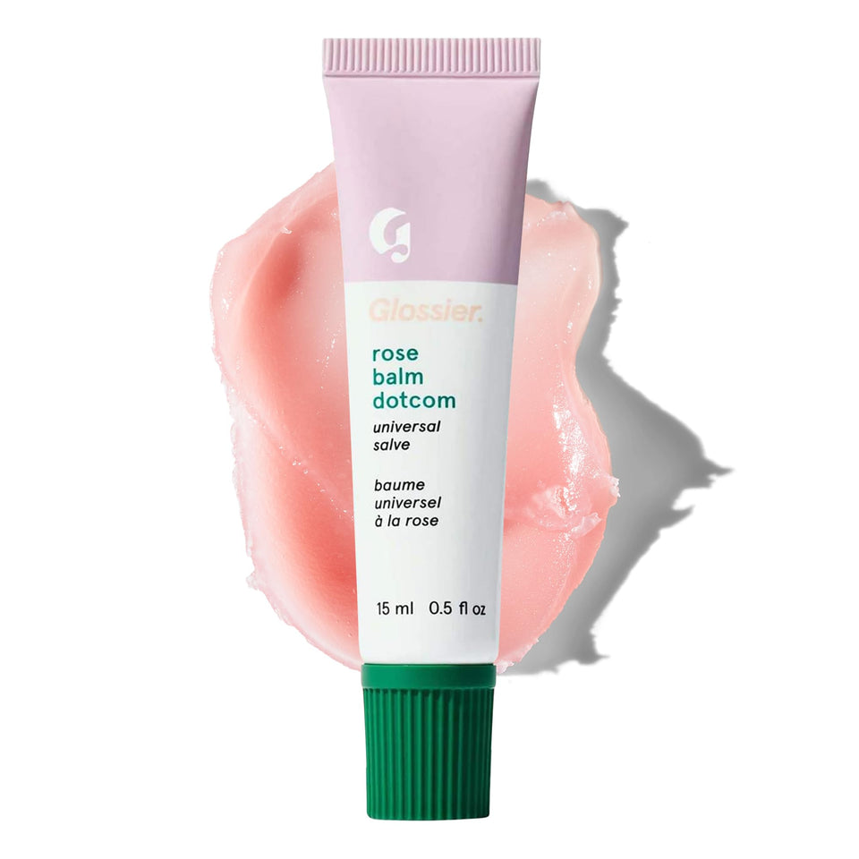Glossier tube front view showing Rose balm and compact travel size benefit