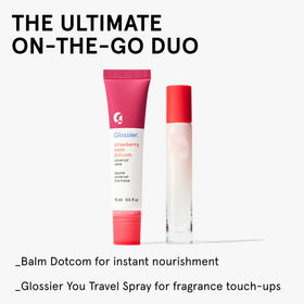 Glossier Balm Dotcom on a bathroom shelf styled with towels, everyday skincare convenience