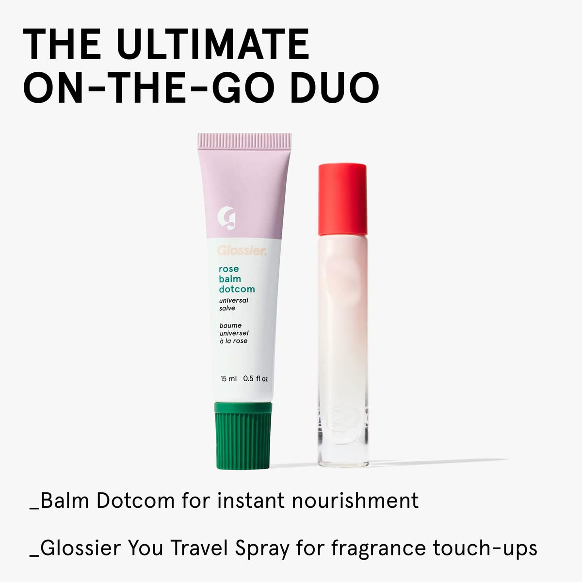Glossier flatlay with rose sprig showing floral scent and beauty shelf appeal