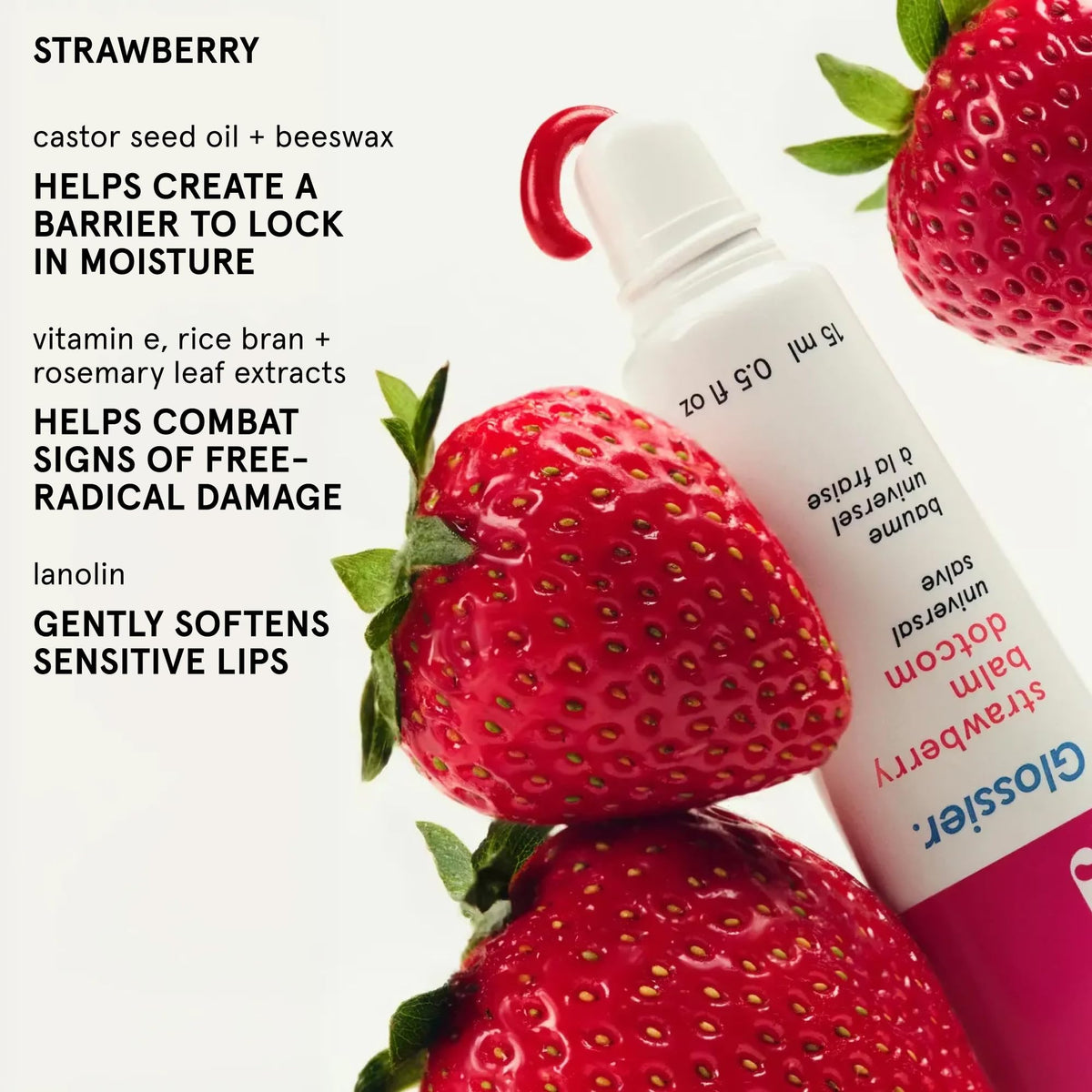 Glossier Balm Dotcom applied to lips close-up, Glossier tint adds natural berry color and comfort