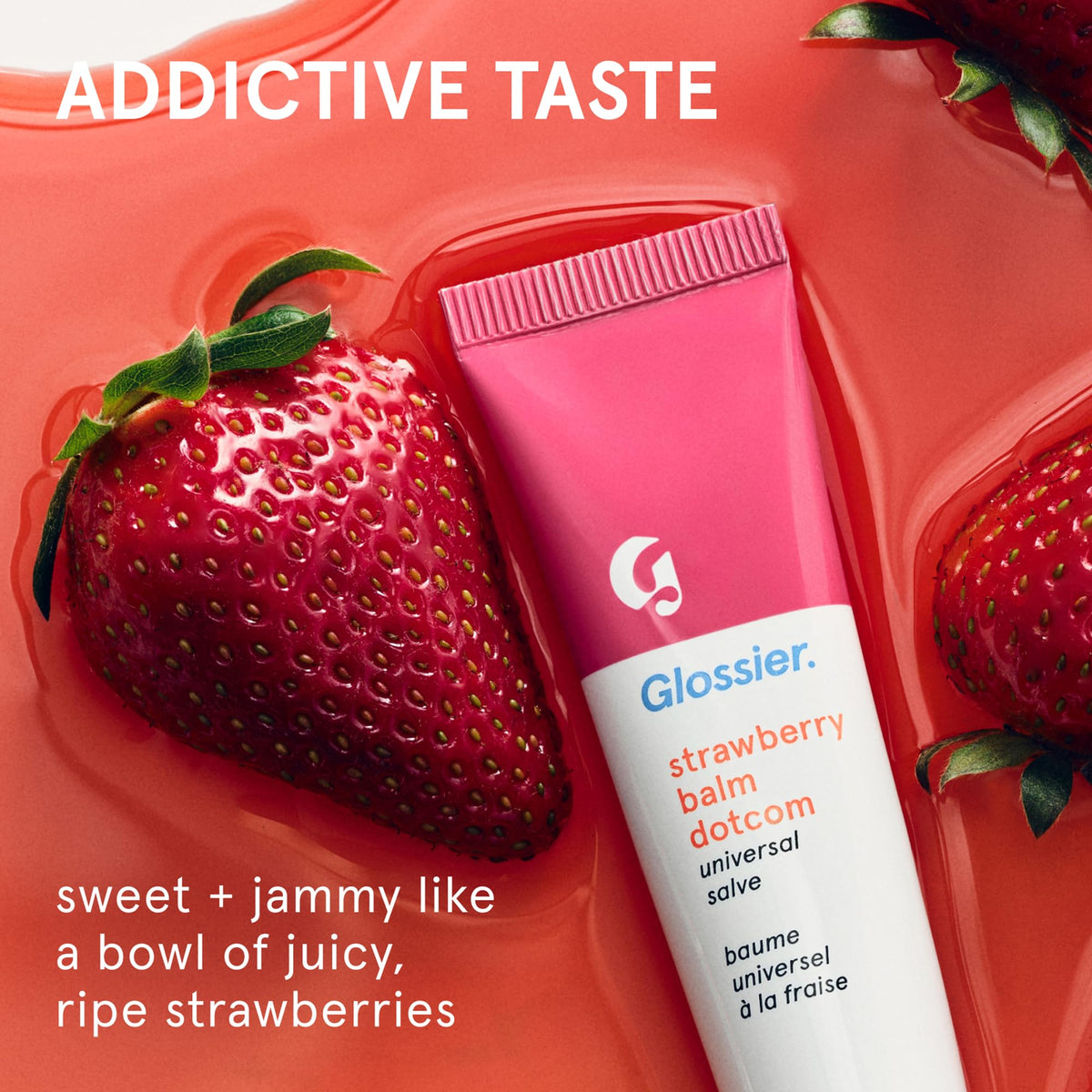 Glossier Balm Dotcom with cap off and balm exposed, easy application and quick moisture