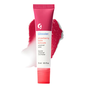 Glossier Balm Dotcom tube front view showing strawberry tint and compact design, nourishing care