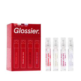 Glossier mini wardrobe front packaging showing all four travel sprays with branding benefit easy sampling
