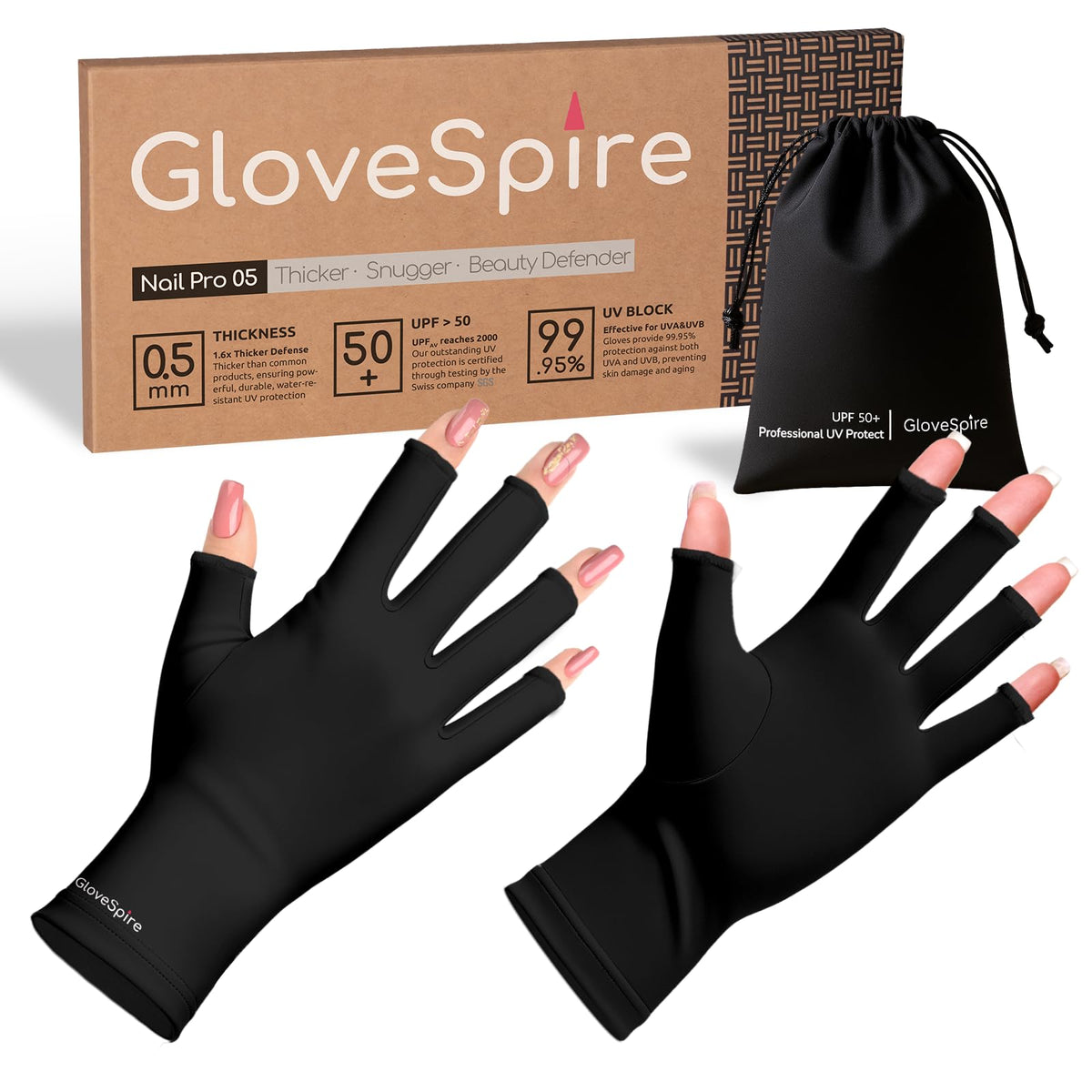 GloveSpire front view showing black gloves and travel pouch for portable UV protection