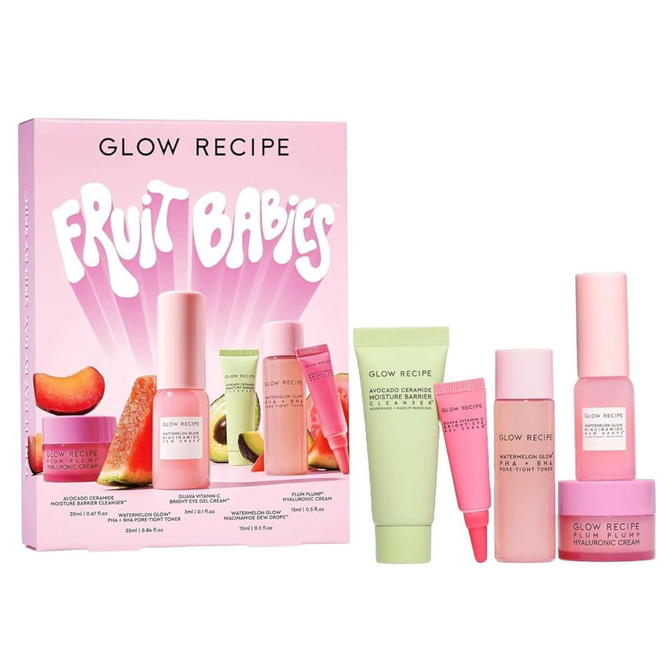 Glow Recipe front packaging of Fruit Babies kit showing all five travel products and gift-ready box