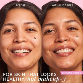 Glow Recipe Hue Drops swatch on skin illustrating warm Sun Glow tint and radiance