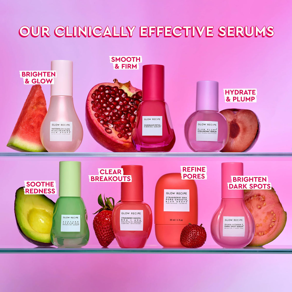 Glow Recipe serum on bathroom shelf conveying daily routine compatibility