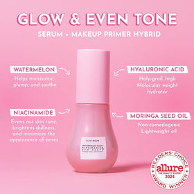Glow Recipe serum drops on skin demonstrating instant dewy glow