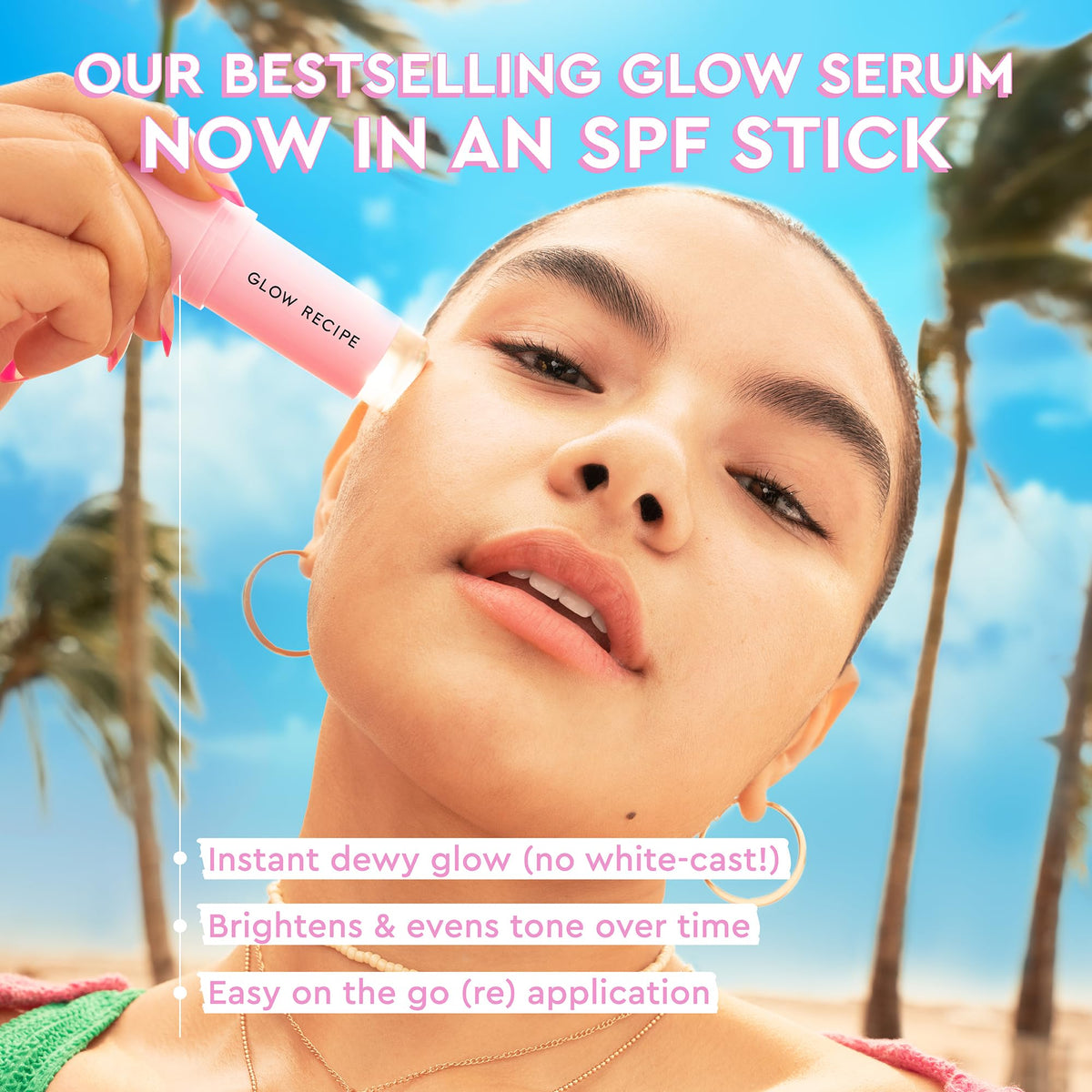 Glow Recipe sunscreen stick open being applied to cheek for quick use