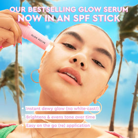 Glow Recipe sunscreen stick open being applied to cheek for quick use