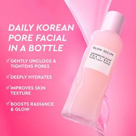Glow Recipe back label close-up listing ingredients and usage guidance benefits