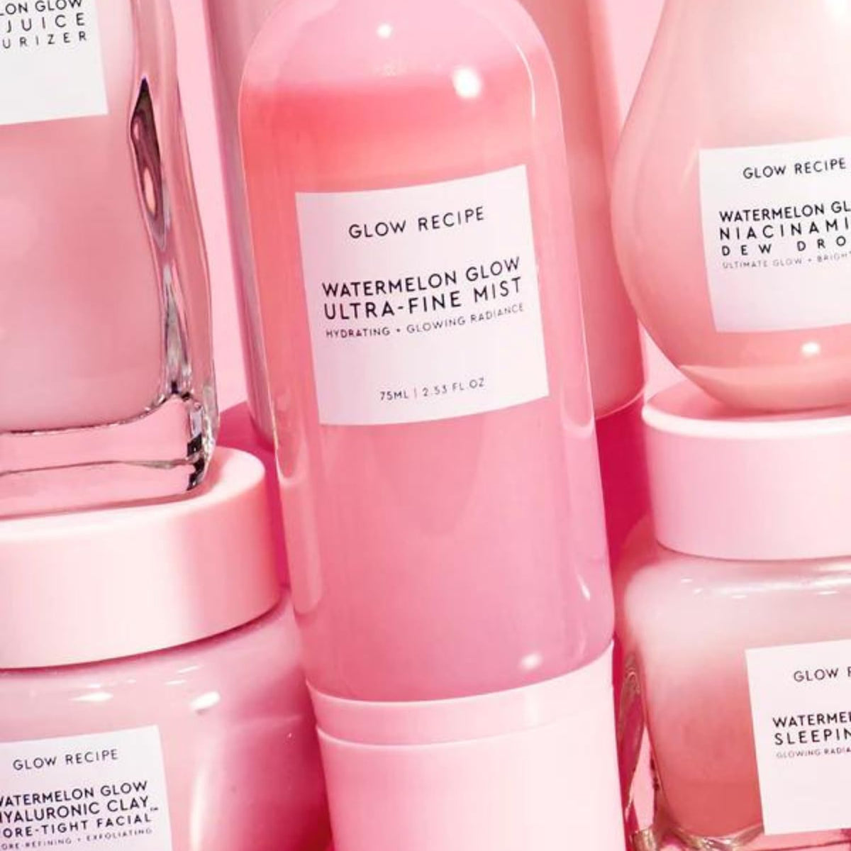 Glow Recipe mist being sprayed on cheek for instant hydration