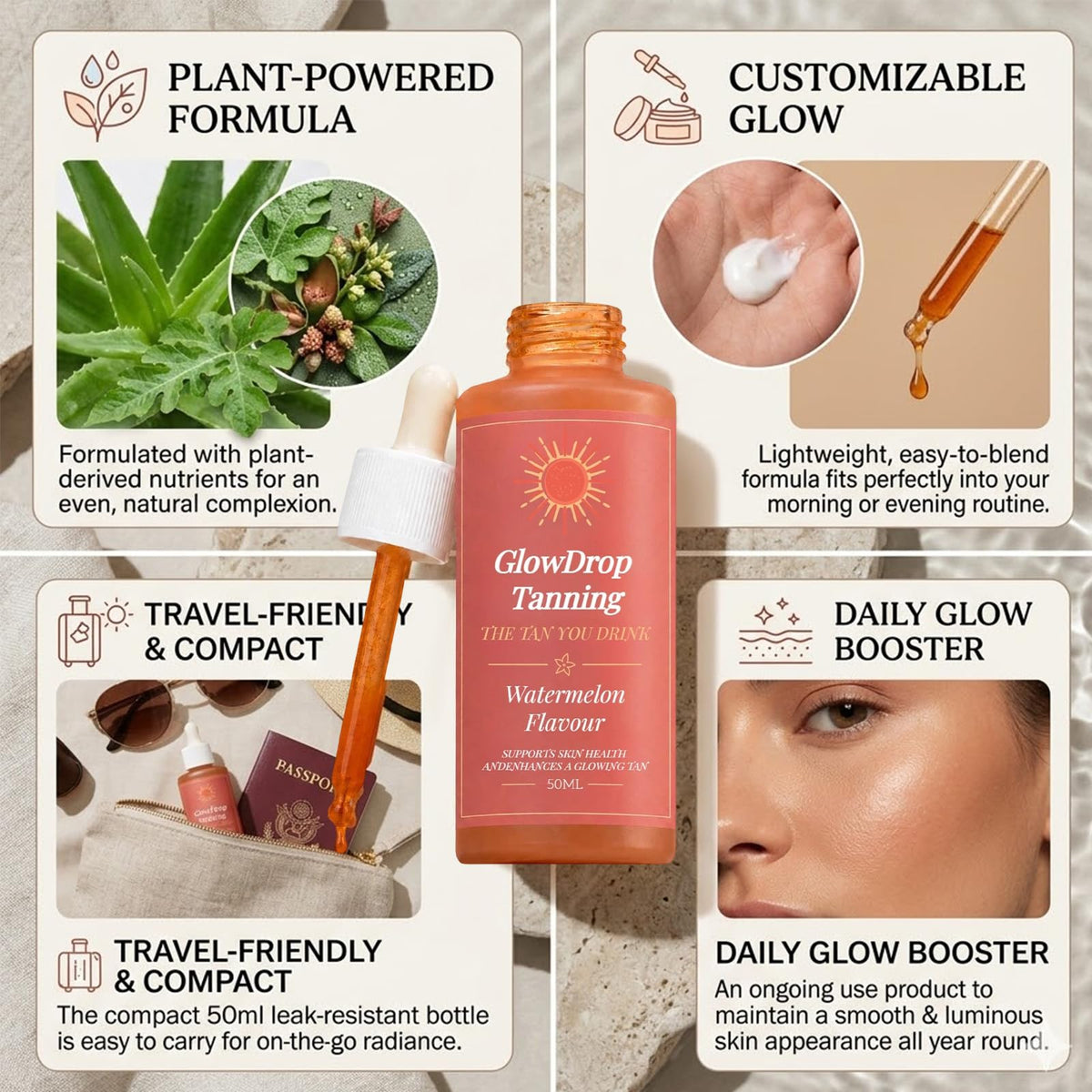 GlowDrop ingredient label close-up highlighting botanical components and transparency
