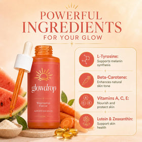 glowdrop label and ingredients showing clean branding and botanical highlights benefit