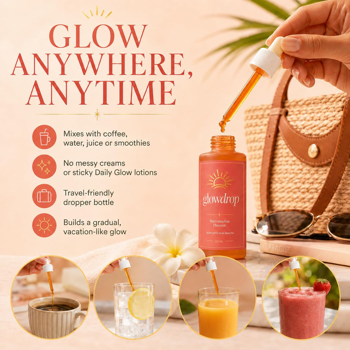 glowdrop size comparison 50ml next to a hand illustrating travel-friendly portability benefit