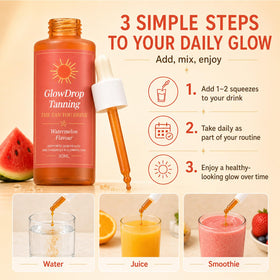 GlowDrop bottle on vanity with skincare items showing routine-friendly integration