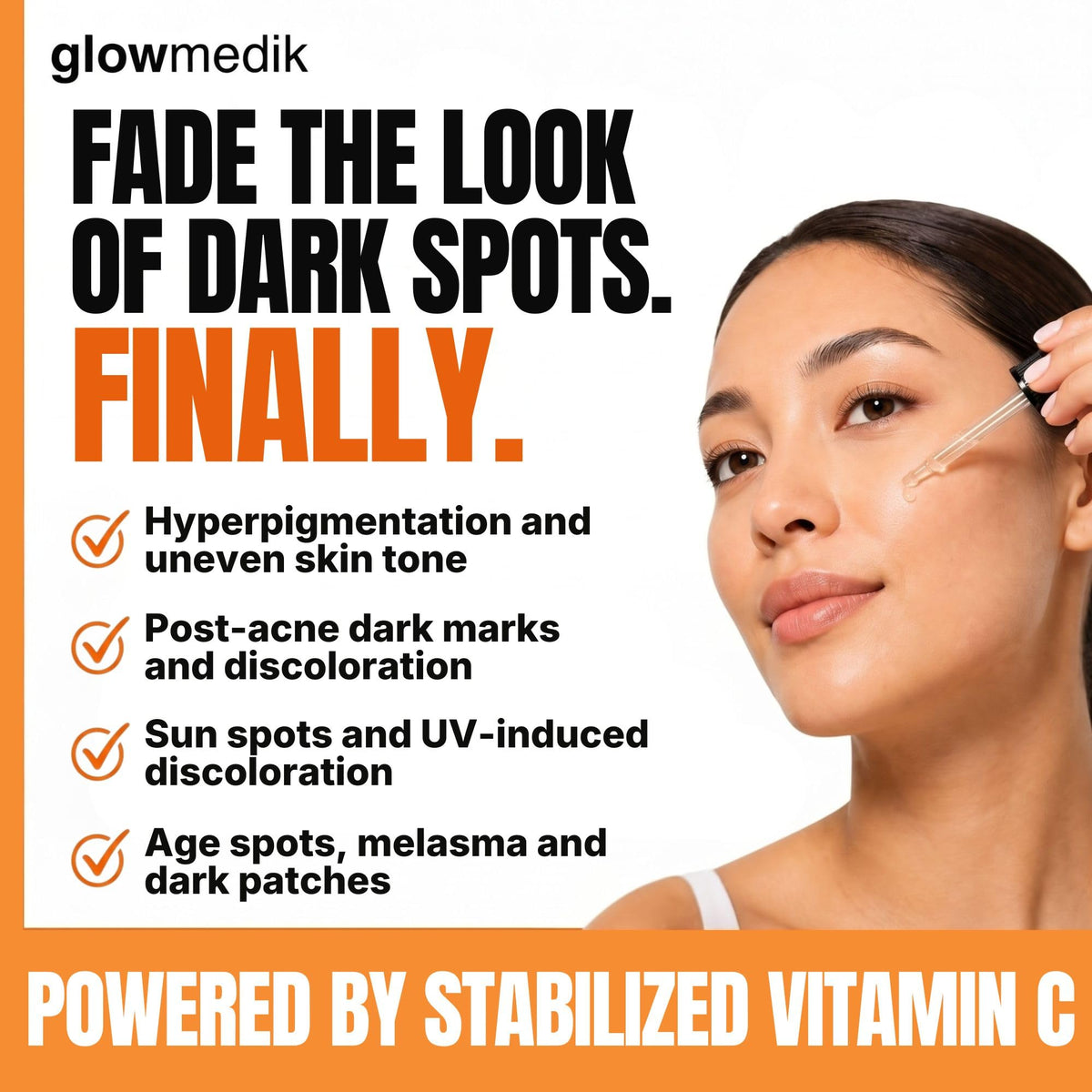 Glowmedik dropper dispensing serum showing controlled application and precision