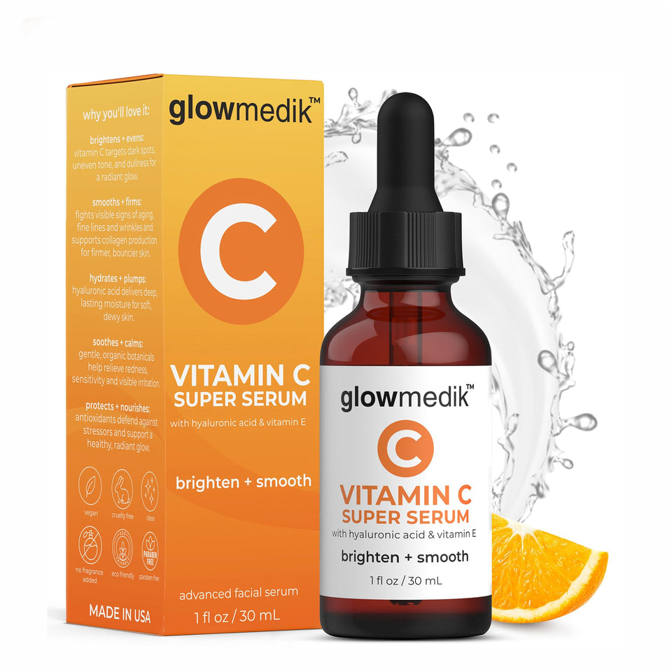 Glowmedik front bottle on white surface showing clean packaging and easy use