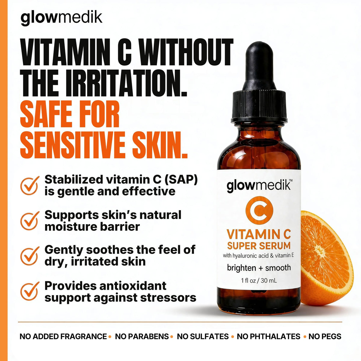 Glowmedik ingredients display with vitamin C and botanical extracts for brightening
