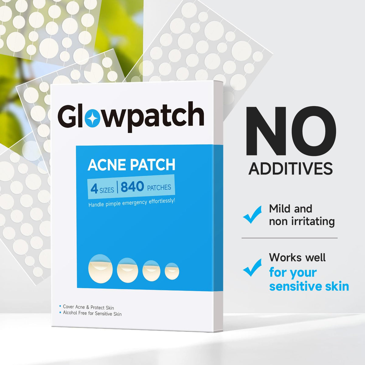 Glowpatch contents laid flat with sheets and perforations for easy peeling