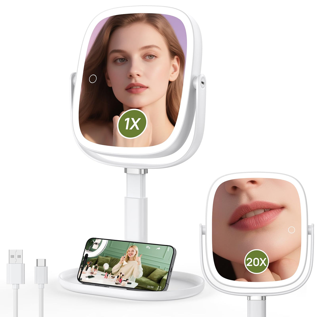 Glowtop front view white mirror showing full-face reflection and balanced lighting