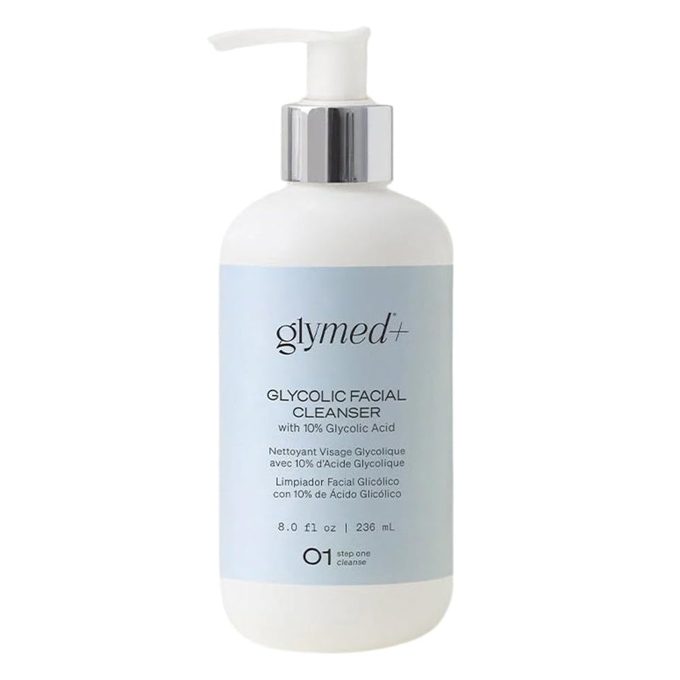 GLYMED bottle front view showing label and 8oz size, clear benefit for gentle exfoliation
