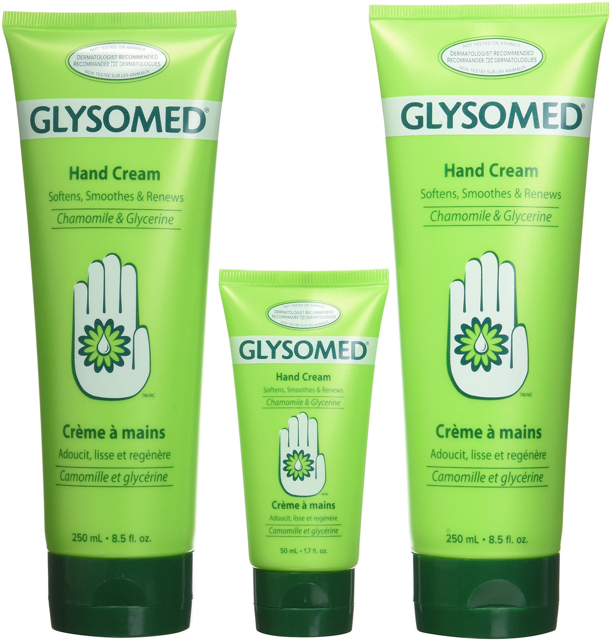Glysomed front packaging showing trio tubes and clear benefits for daily hydration