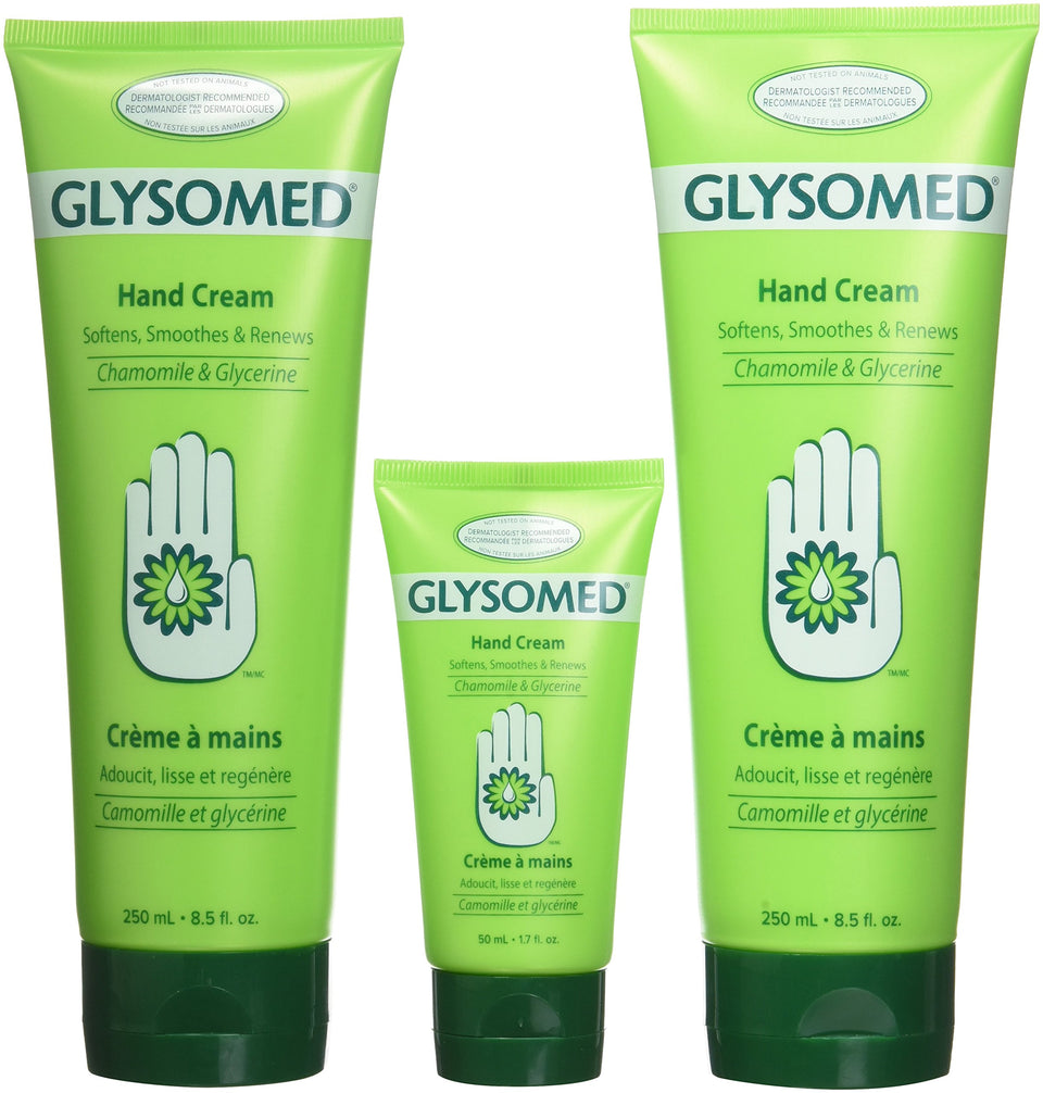 Glysomed front packaging showing trio tubes and clear benefits for daily hydration