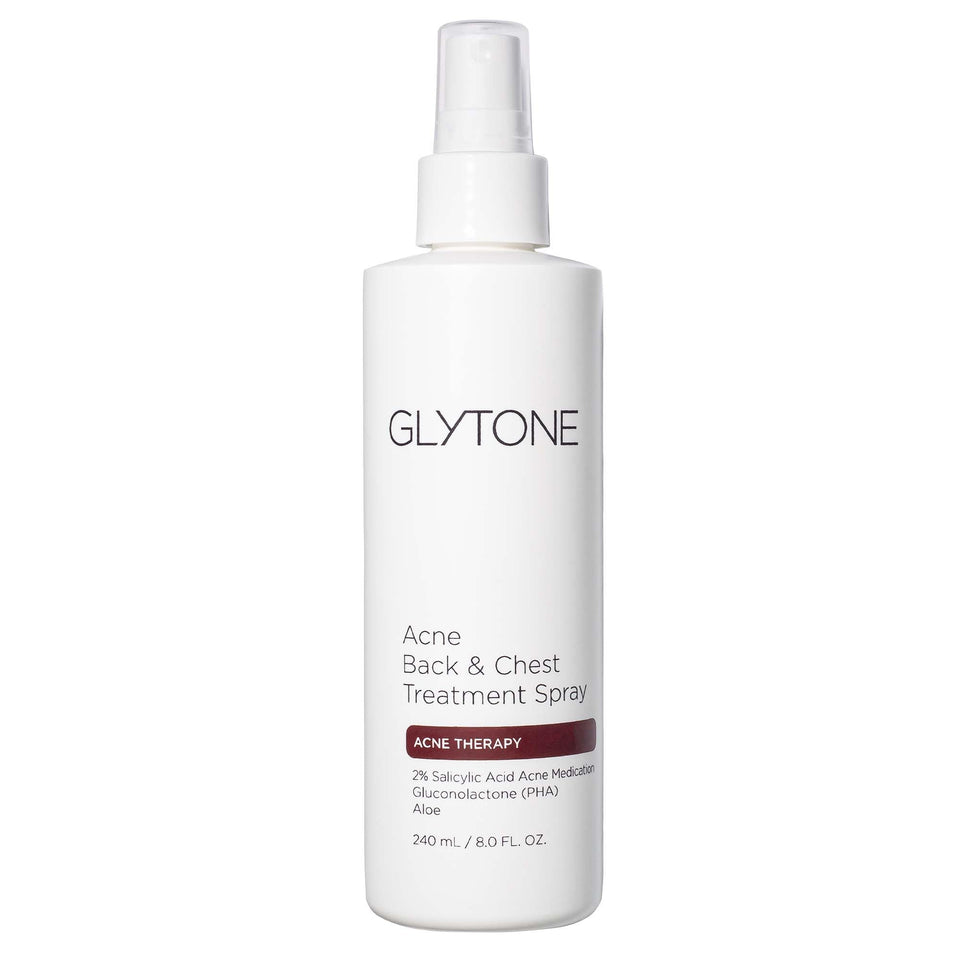 GLYTONE front packaging showing chest and back acne treatment benefits