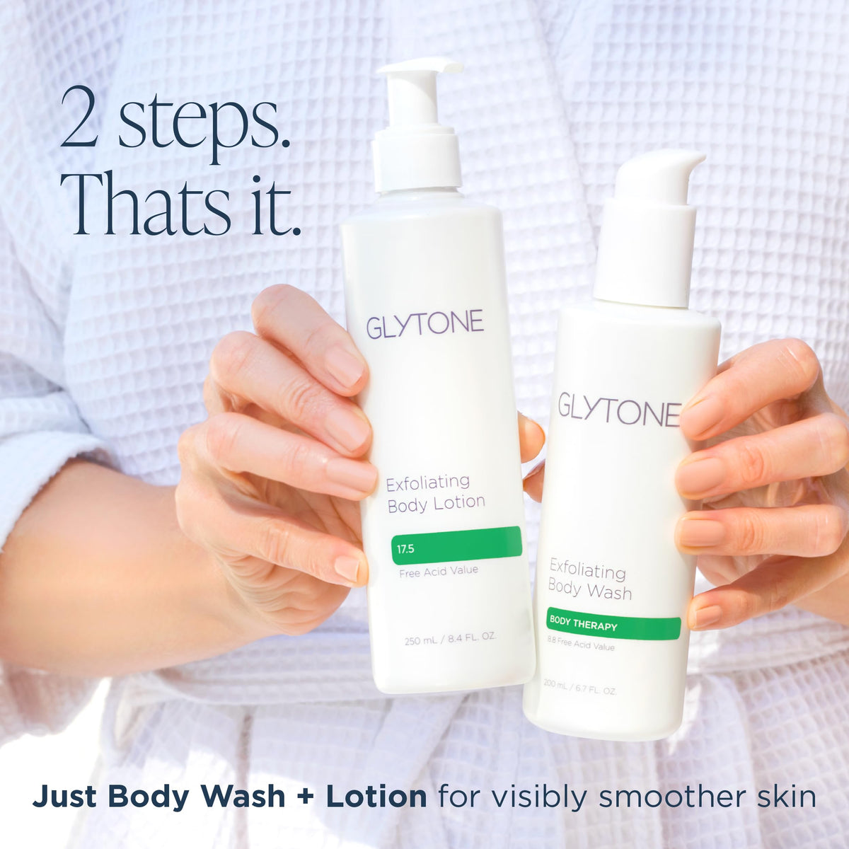 GLYTONE lifestyle bathroom routine illustrating simple daily use