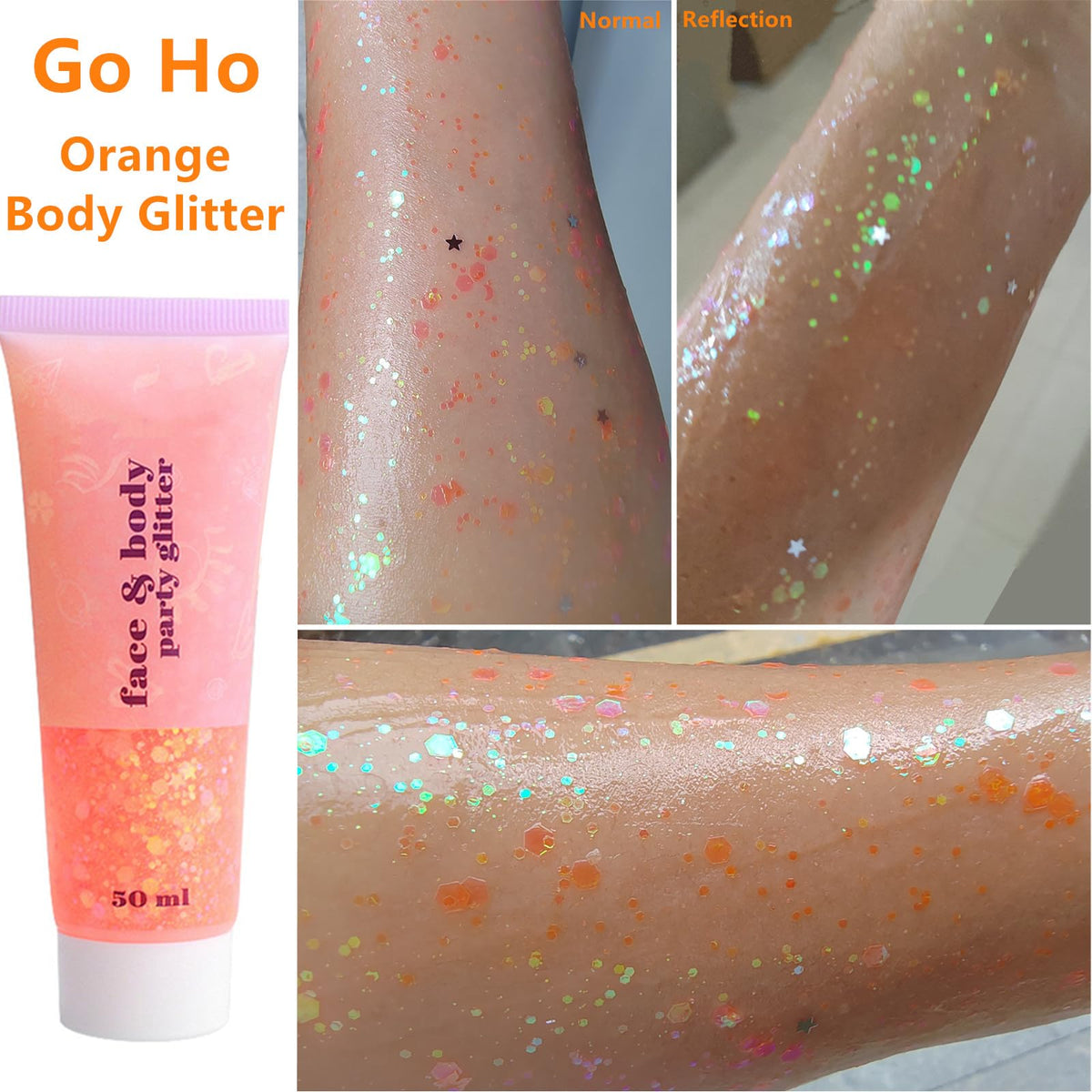 Go Ho application on cheek showing forehead-to-cheek glitter placement benefit