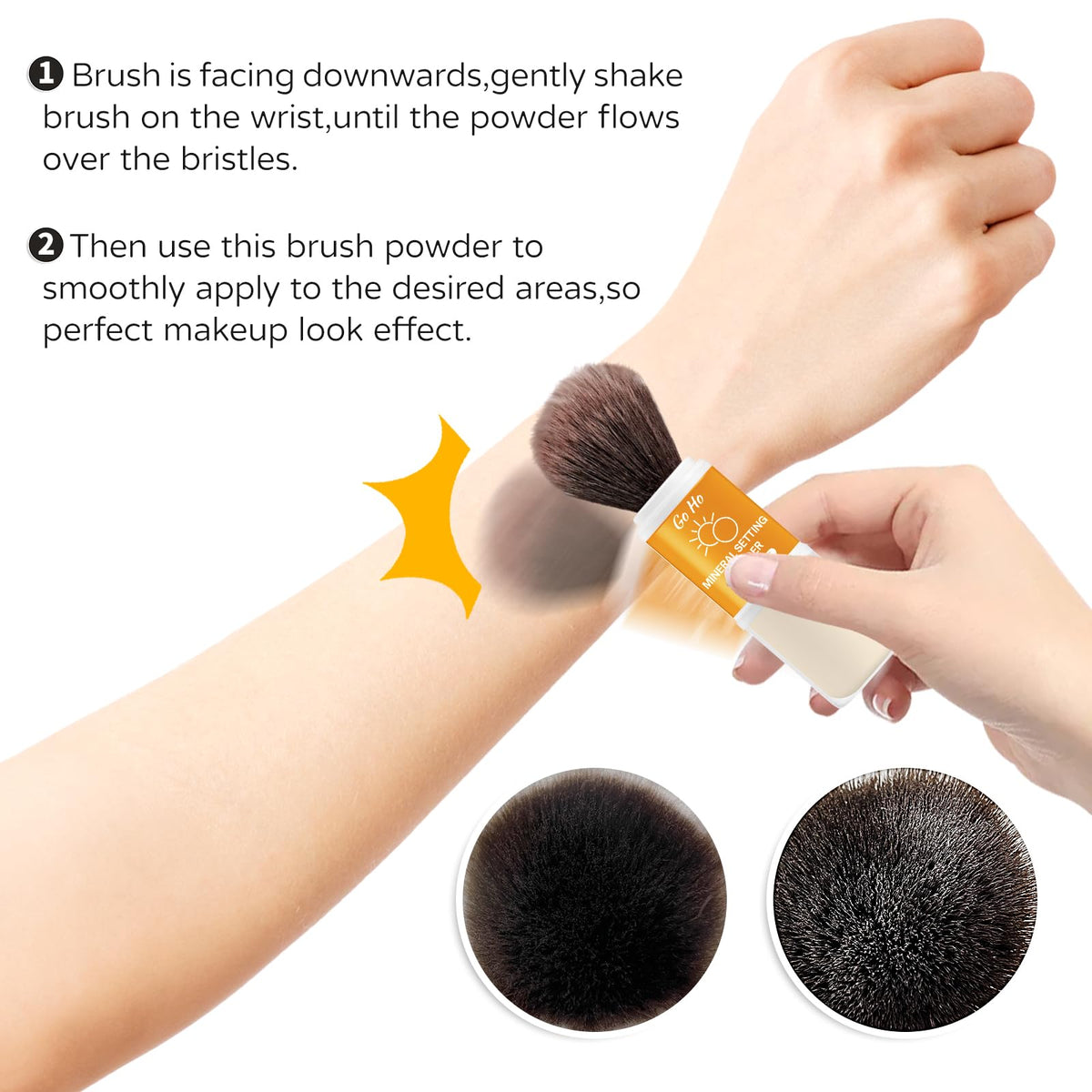 Go Ho applying powder to cheek demonstrating quick makeup setting and sun protection