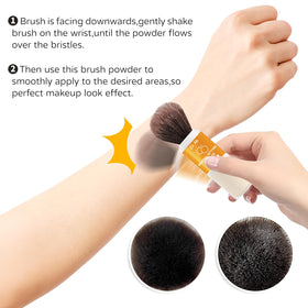 Go Ho applying powder to cheek demonstrating quick makeup setting and sun protection